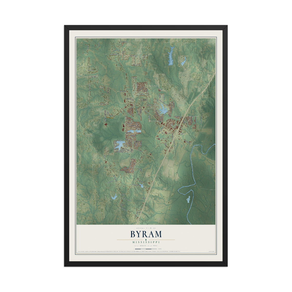 Map of Byram, Mississippi, 12 x 18 inch print in a black wood frame