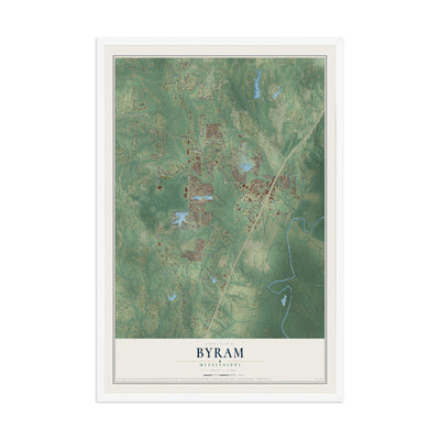 Map of Byram, Mississippi, 12 x 18 inch print in a white wood frame