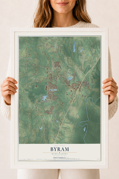 Map of Byram, Mississippi, 18 x 24 inch print in a white wood frame