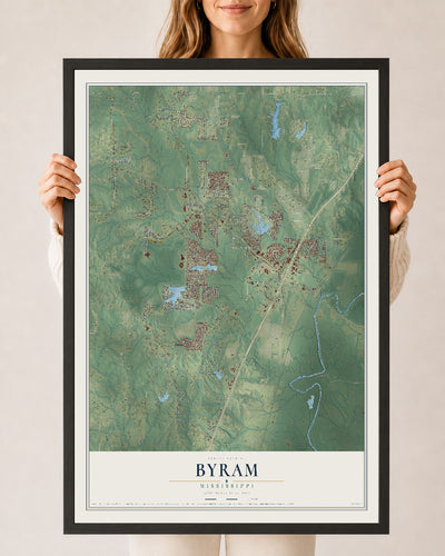 Map of Byram, Mississippi, 24 x 36 inch print in a black wood frame