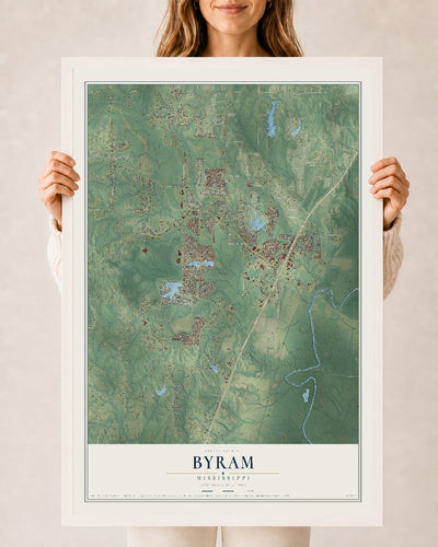 Map of Byram, Mississippi, 24 x 36 inch print in a white wood frame