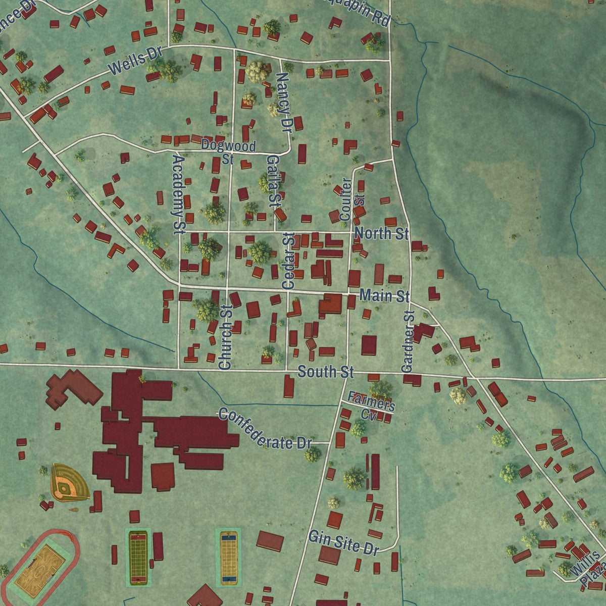 Close-up of the map of Caledonia, Mississippi print showing street and building detail