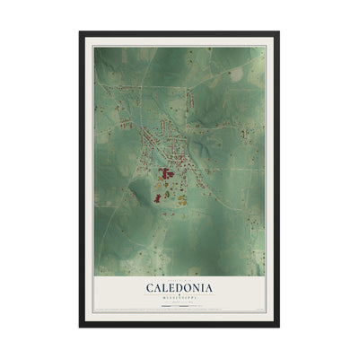 Map of Caledonia, Mississippi, 12 x 18 inch print in a black wood frame