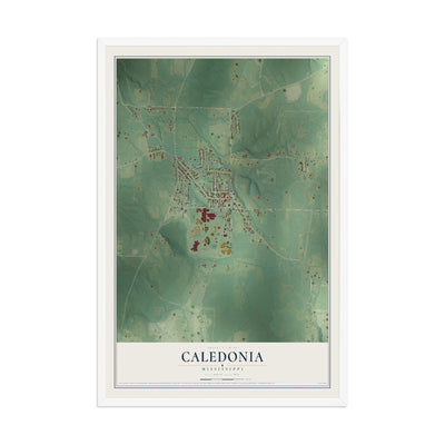 Map of Caledonia, Mississippi, 12 x 18 inch print in a white wood frame