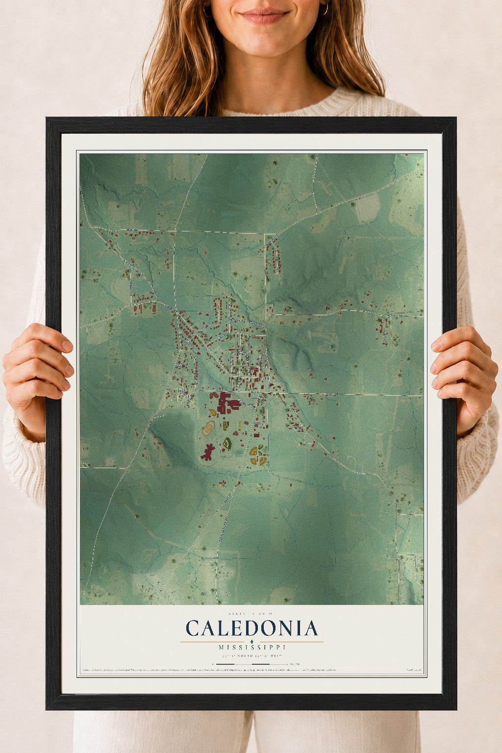 Map of Caledonia, Mississippi, 18 x 24 inch print in a black wood frame