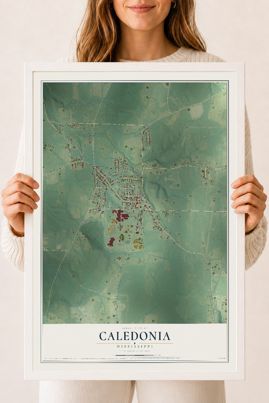 Map of Caledonia, Mississippi, 18 x 24 inch print in a white wood frame