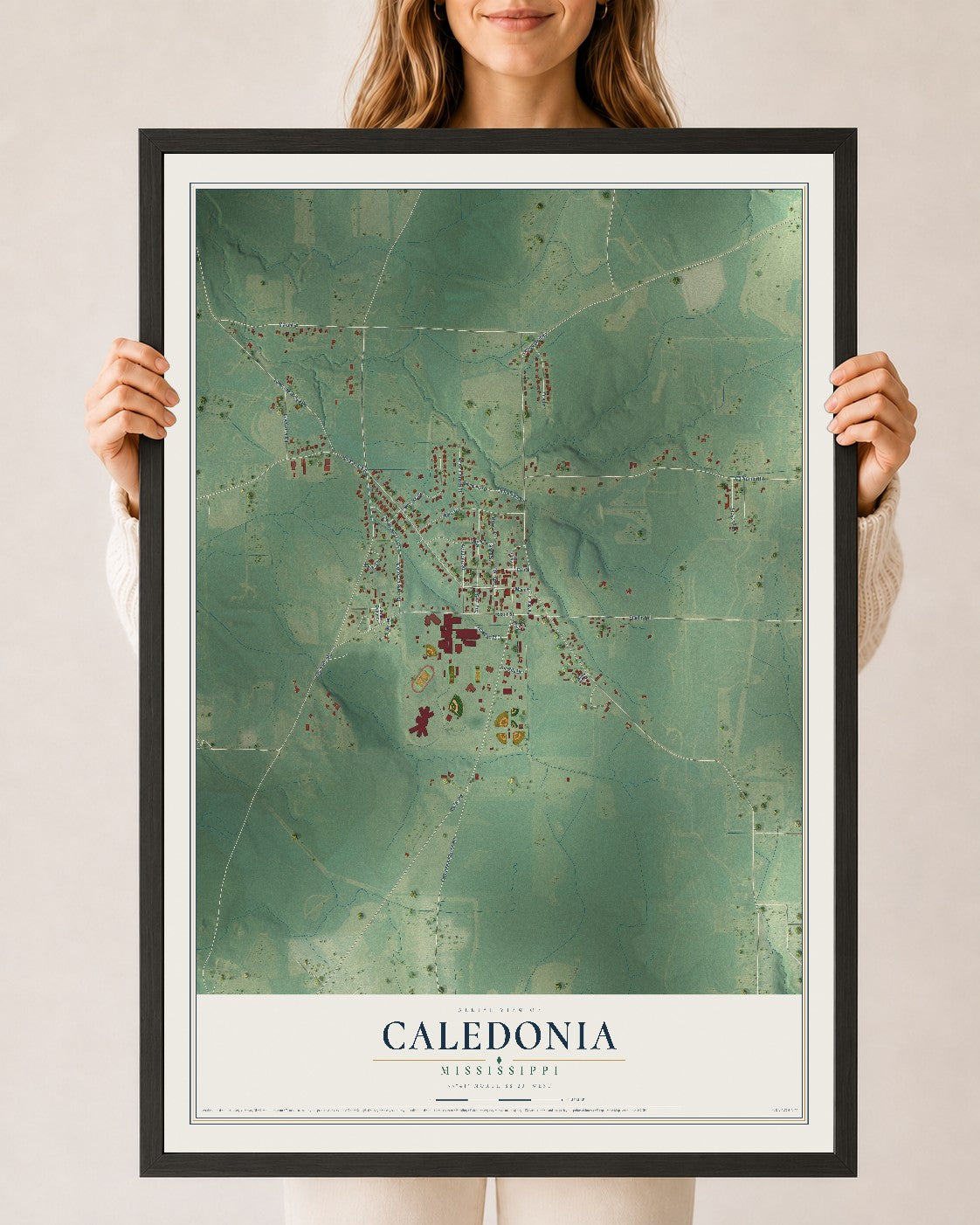 Map of Caledonia, Mississippi, 24 x 36 inch print in a black wood frame