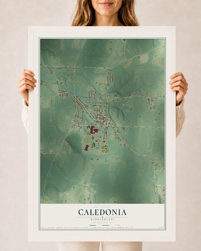 Map of Caledonia, Mississippi, 24 x 36 inch print in a white wood frame