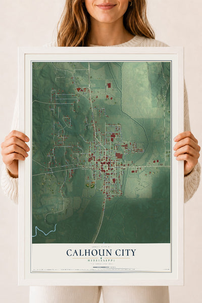 Map of Calhoun City, Mississippi, 18 x 24 inch print in a white wood frame