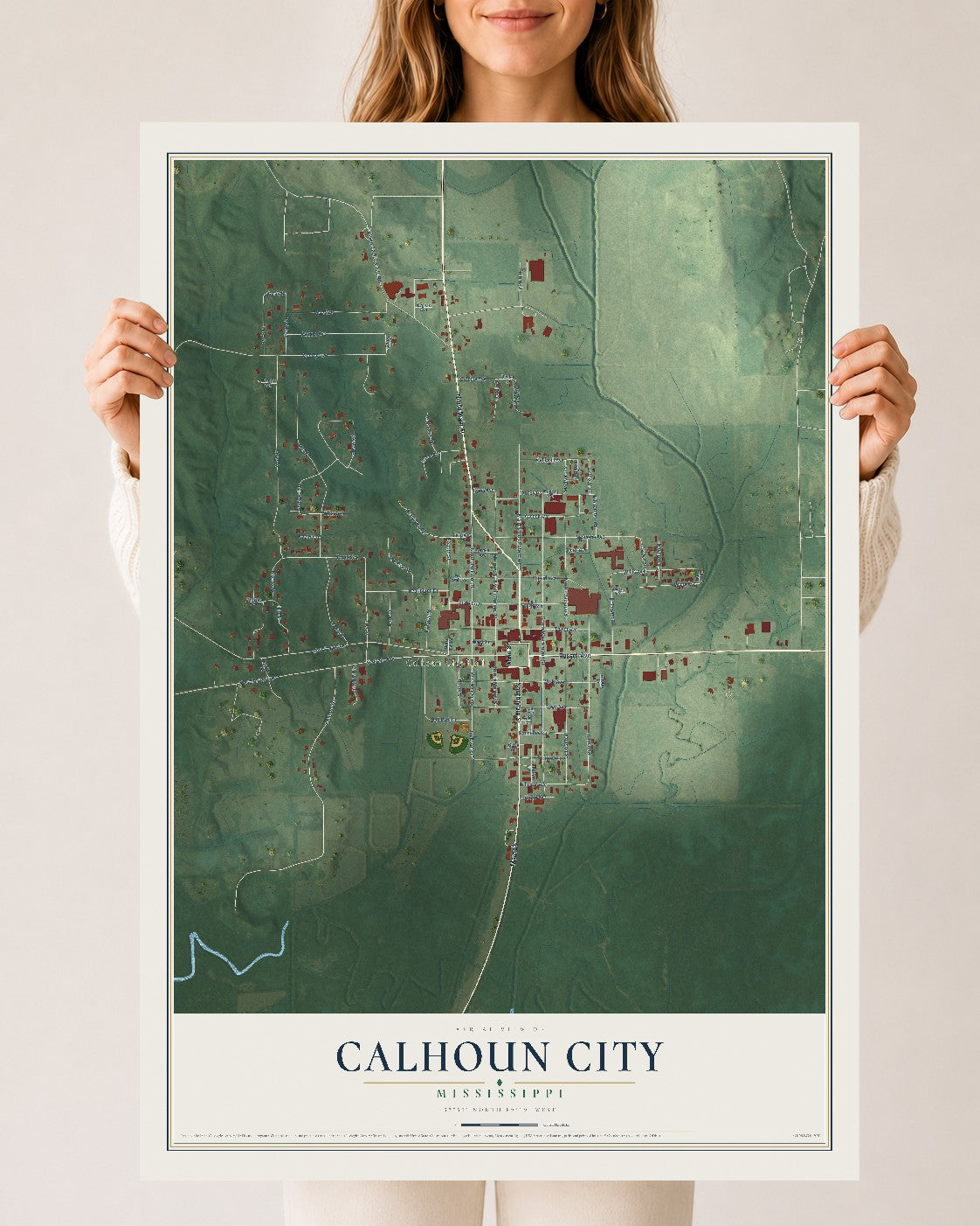 Map of Calhoun City, Mississippi, 24 x 36 inch unframed archival matte print