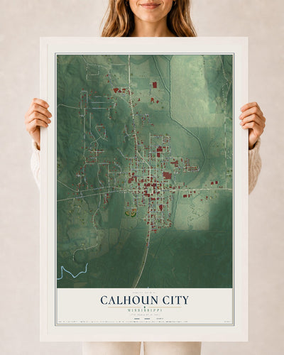 Map of Calhoun City, Mississippi, 24 x 36 inch print in a white wood frame