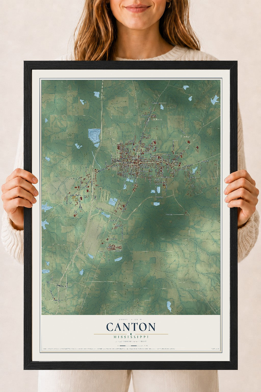 Map of Canton, Mississippi, 18 x 24 inch print in a black wood frame