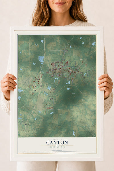 Map of Canton, Mississippi, 18 x 24 inch print in a white wood frame