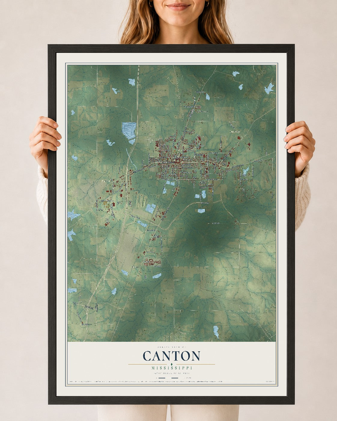 Map of Canton, Mississippi, 24 x 36 inch print in a black wood frame
