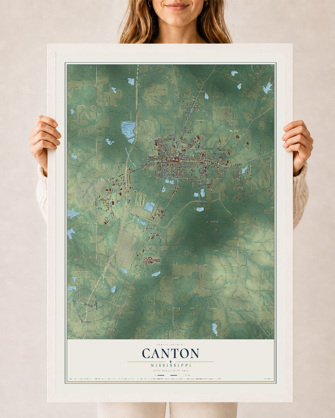 Map of Canton, Mississippi, 24 x 36 inch print in a white wood frame