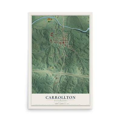 Map of Carrollton, Mississippi, 12 x 18 inch unframed archival matte print