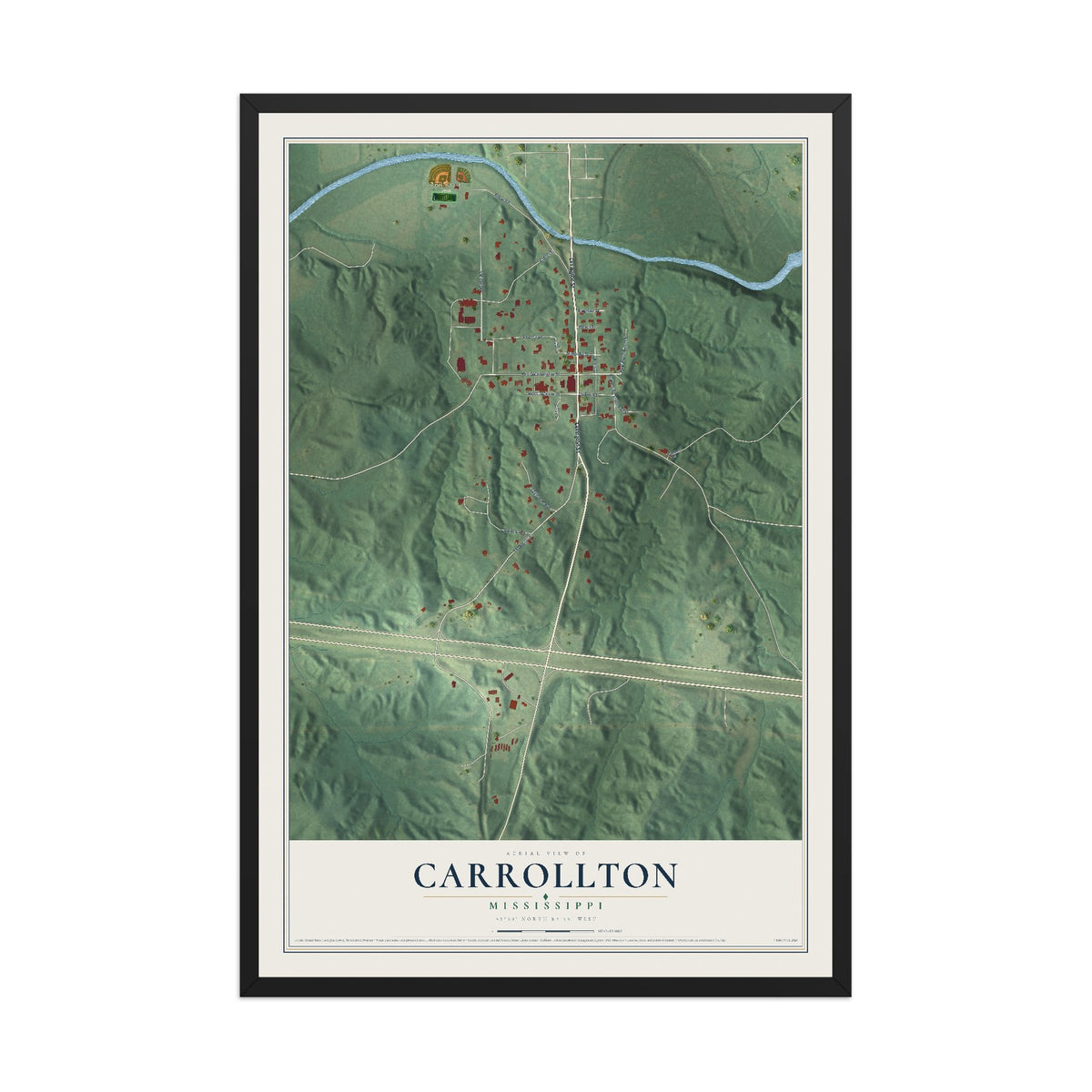 Map of Carrollton, Mississippi, 12 x 18 inch print in a black wood frame