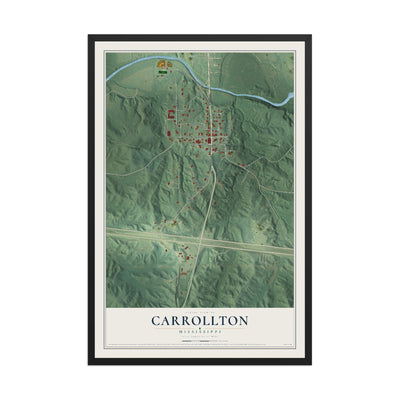 Map of Carrollton, Mississippi, 12 x 18 inch print in a black wood frame