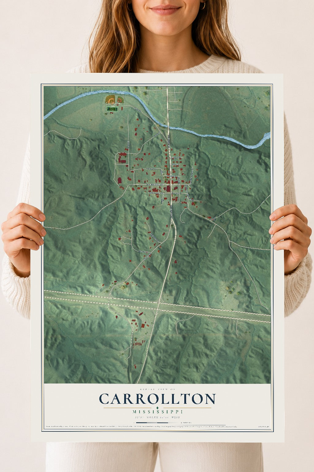 Map of Carrollton, Mississippi, 18 x 24 inch unframed archival matte print