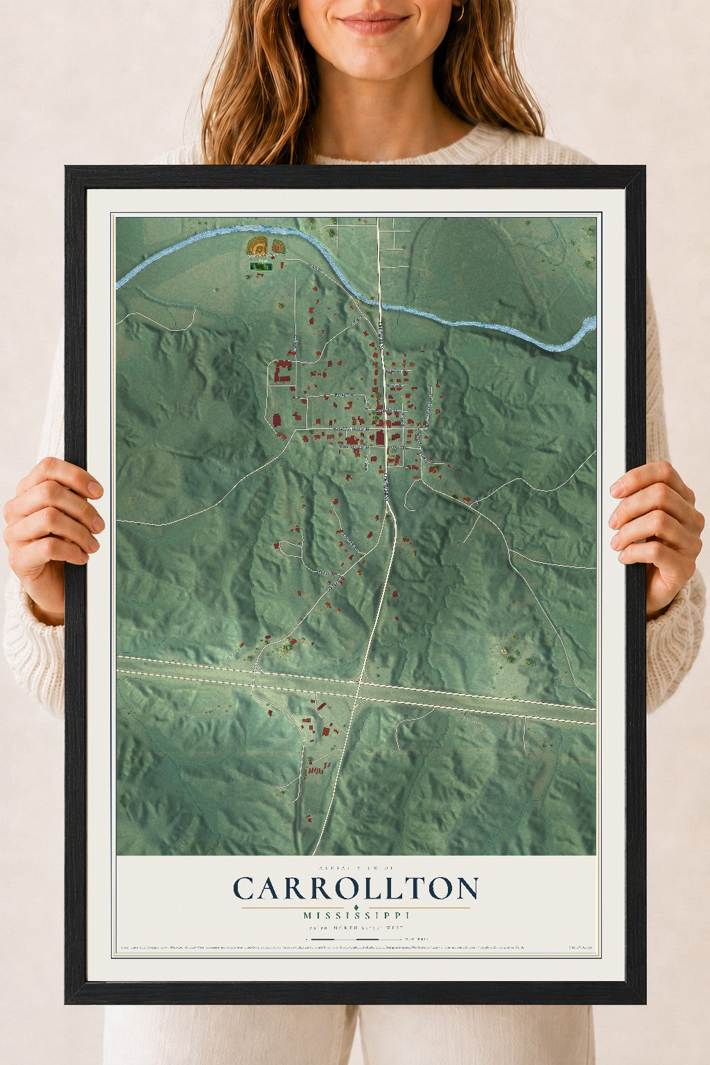 Map of Carrollton, Mississippi, 18 x 24 inch print in a black wood frame