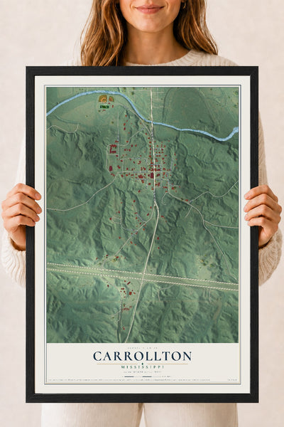 Map of Carrollton, Mississippi, 18 x 24 inch print in a black wood frame