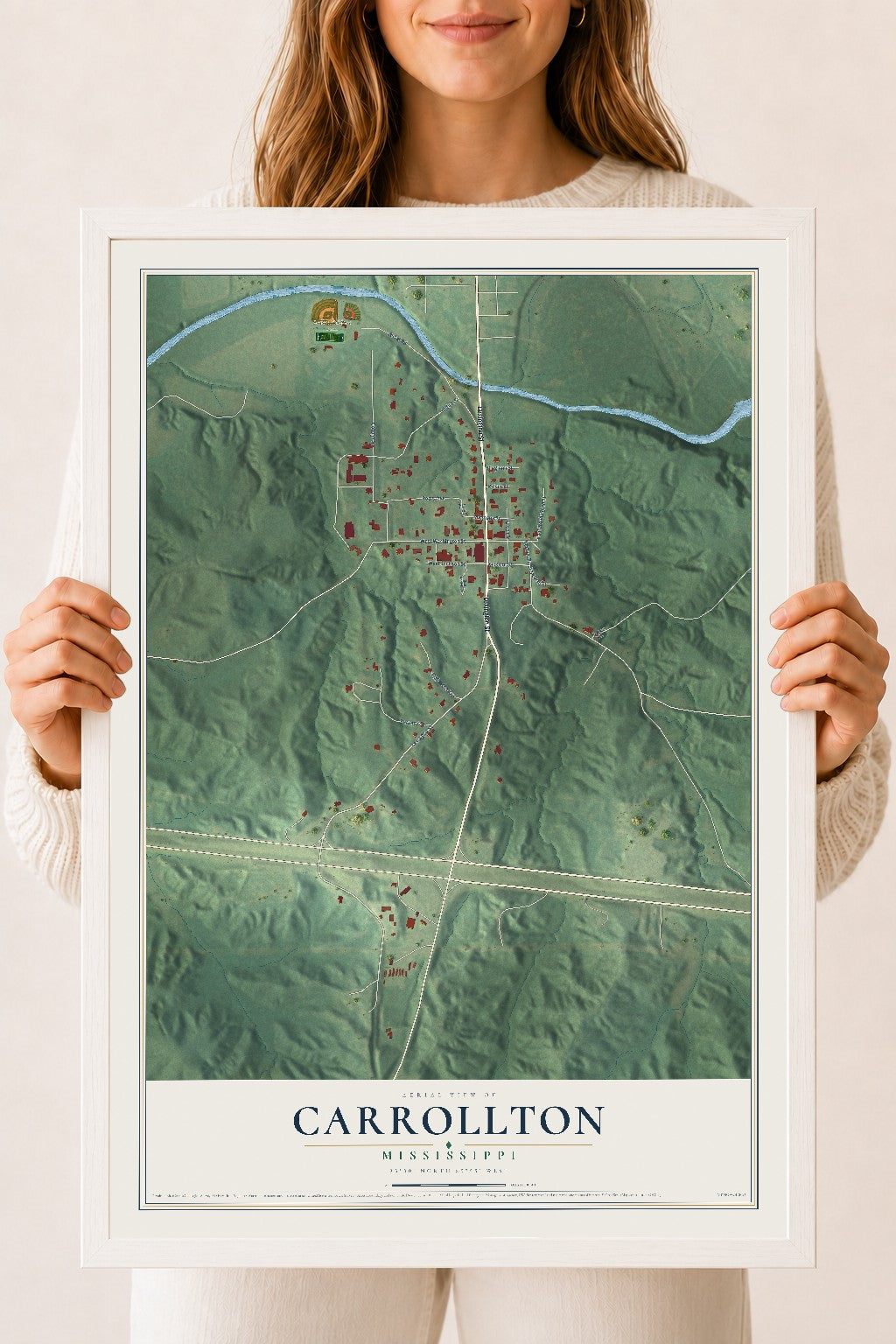 Map of Carrollton, Mississippi, 18 x 24 inch print in a white wood frame