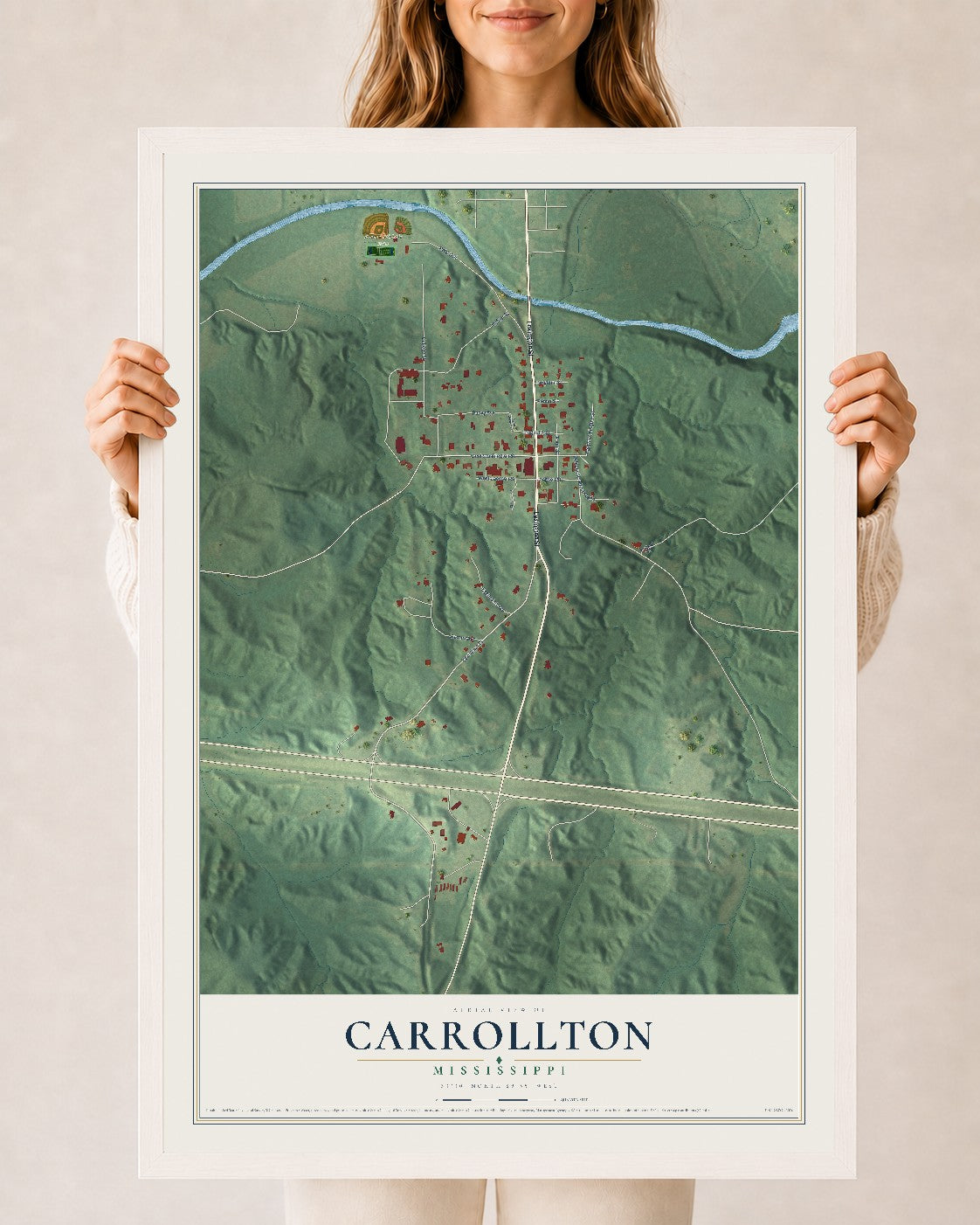 Map of Carrollton, Mississippi, 24 x 36 inch print in a white wood frame