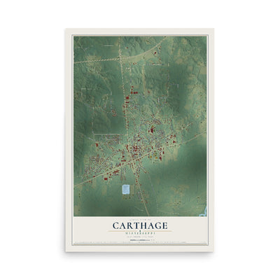 Map of Carthage, Mississippi, 12 x 18 inch unframed archival matte print