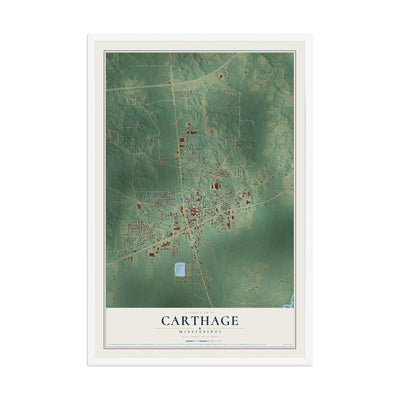 Map of Carthage, Mississippi, 12 x 18 inch print in a white wood frame