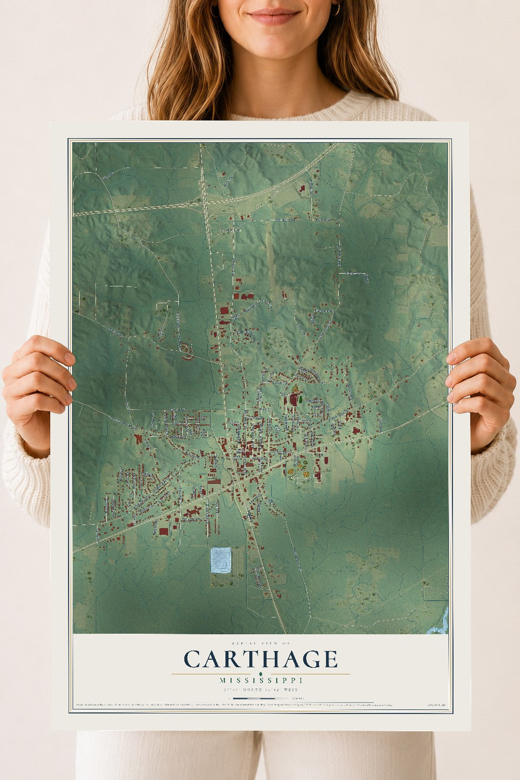 Map of Carthage, Mississippi, 18 x 24 inch unframed archival matte print