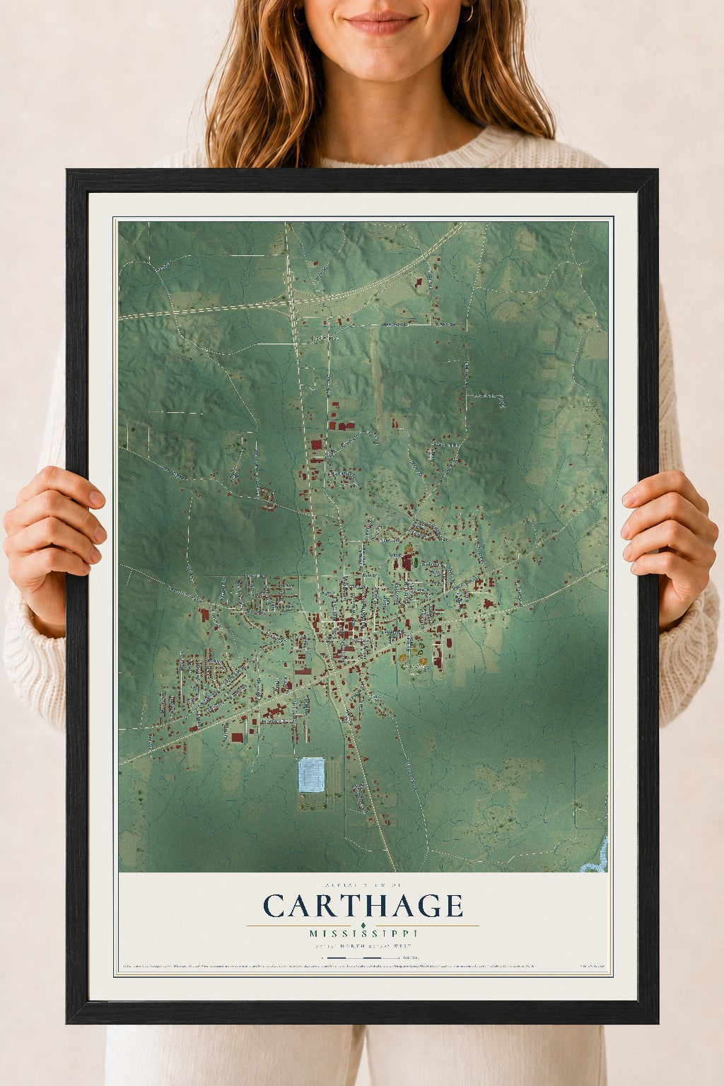 Map of Carthage, Mississippi, 18 x 24 inch print in a black wood frame