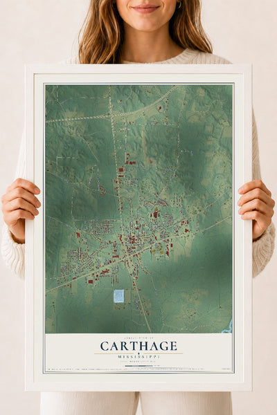 Map of Carthage, Mississippi, 18 x 24 inch print in a white wood frame