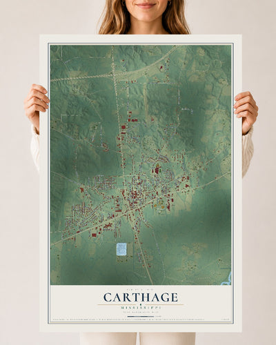 Map of Carthage, Mississippi, 24 x 36 inch unframed archival matte print