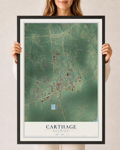 Map of Carthage, Mississippi, 24 x 36 inch print in a black wood frame