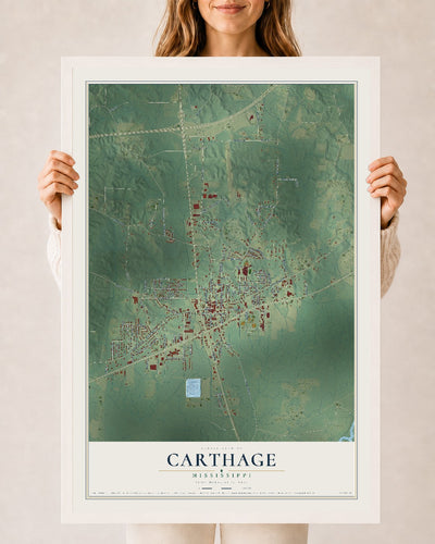 Map of Carthage, Mississippi, 24 x 36 inch print in a white wood frame