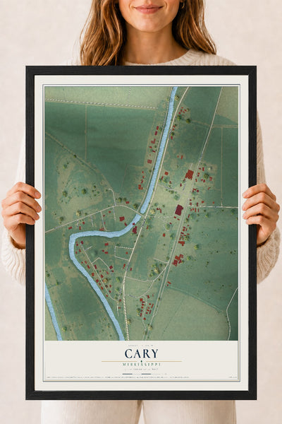 Map of Cary, Mississippi, 18 x 24 inch print in a black wood frame