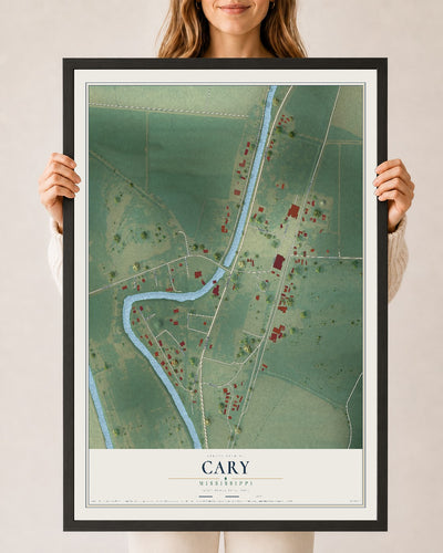 Map of Cary, Mississippi, 24 x 36 inch print in a black wood frame