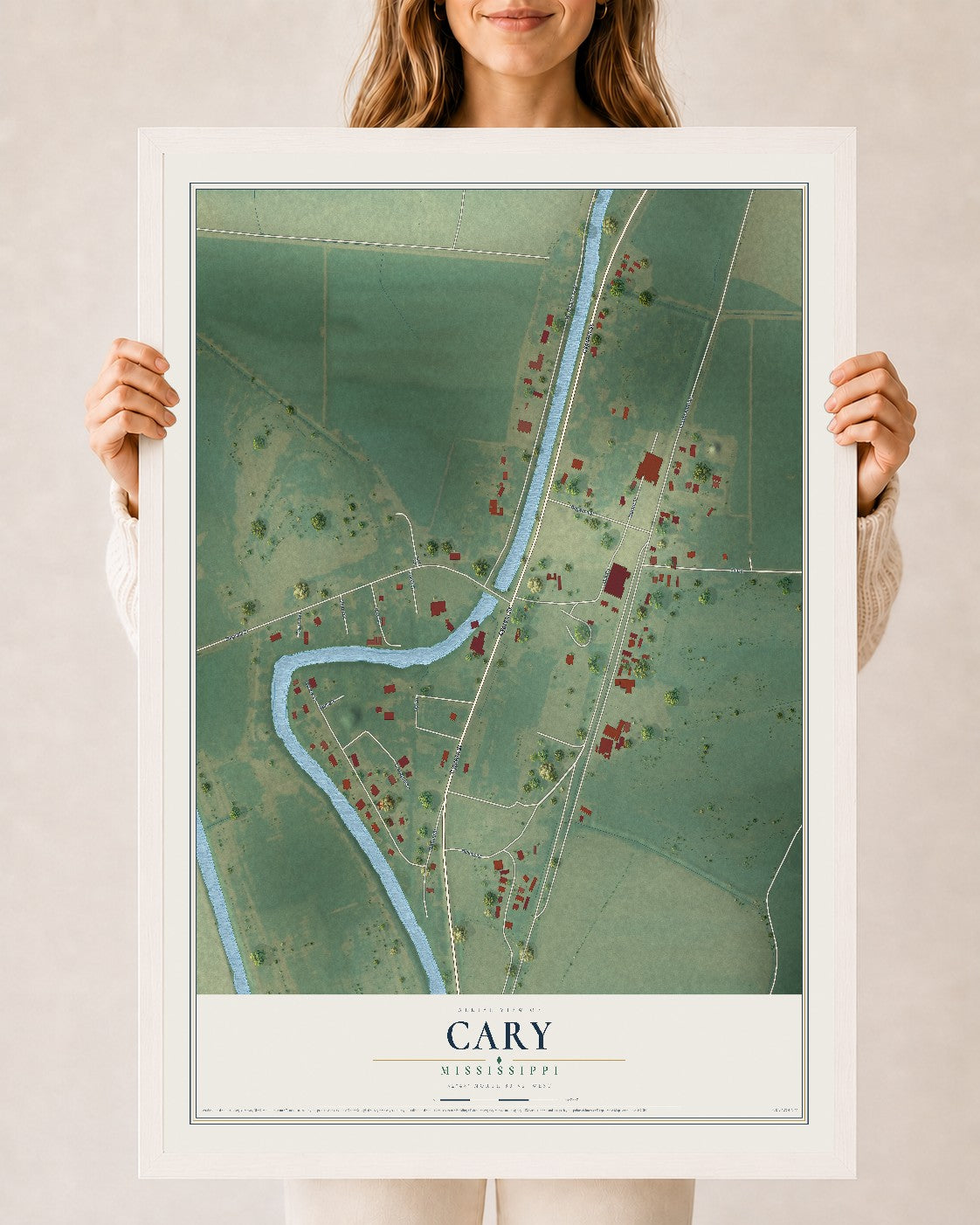 Map of Cary, Mississippi, 24 x 36 inch print in a white wood frame