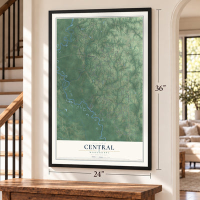 Central, Mississippi map, 24 x 36 inch print in a black frame by a staircase