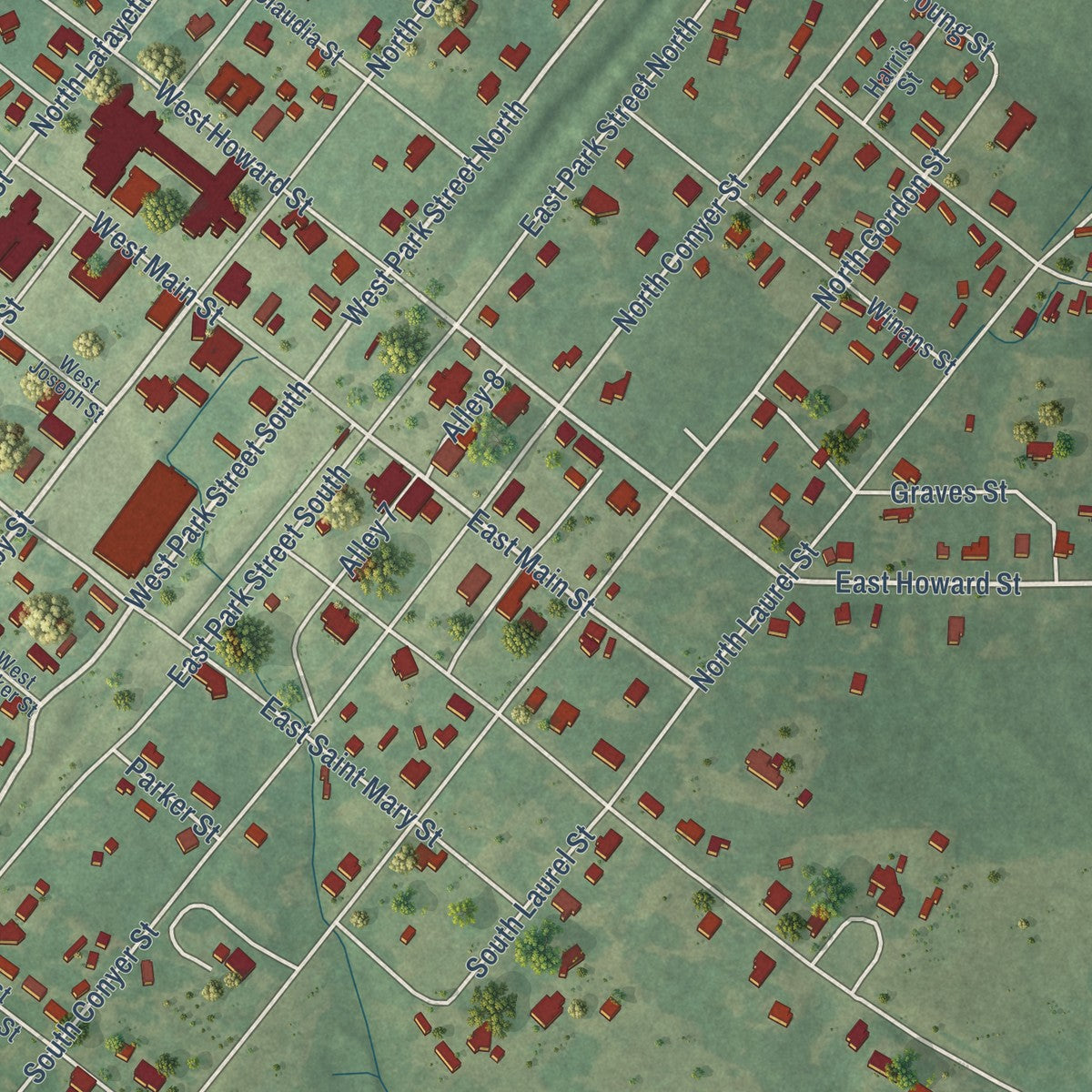 Close-up of the map of Centreville, Mississippi print showing street and building detail