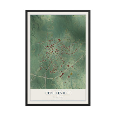 Map of Centreville, Mississippi, 12 x 18 inch print in a black wood frame
