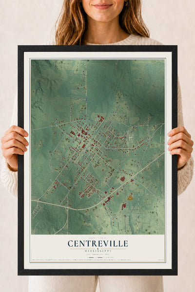 Map of Centreville, Mississippi, 18 x 24 inch print in a black wood frame