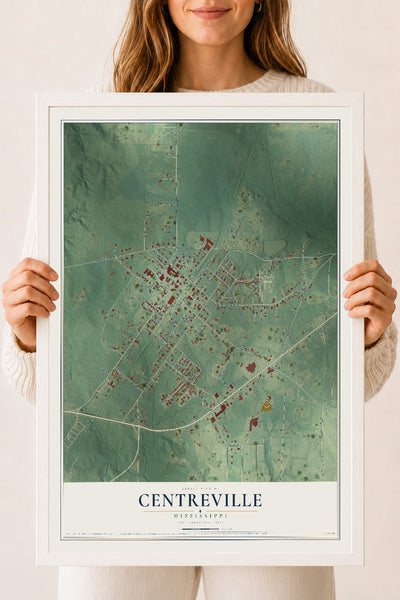 Map of Centreville, Mississippi, 18 x 24 inch print in a white wood frame