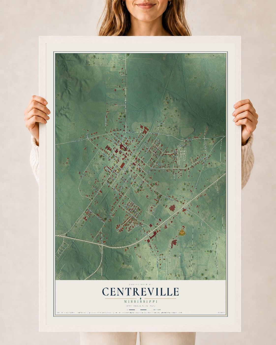 Map of Centreville, Mississippi, 24 x 36 inch print in a white wood frame