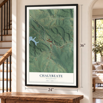Chalybeate, Mississippi map, 24 x 36 inch print in a black frame by a staircase