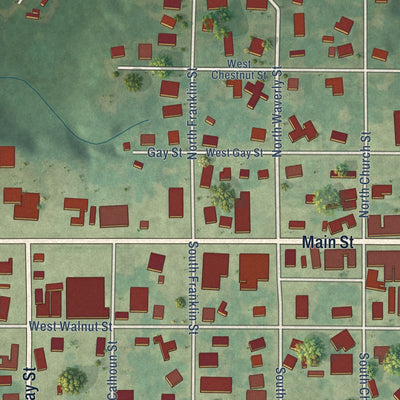 Close-up of the map of Charleston, Mississippi print showing street and building detail