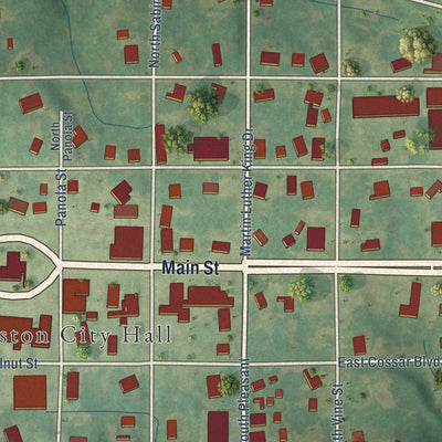 Second close-up of the map of Charleston, Mississippi print showing more streets and buildings