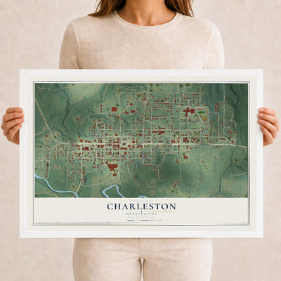Map of Charleston, Mississippi, 12 x 18 inch print in a white wood frame