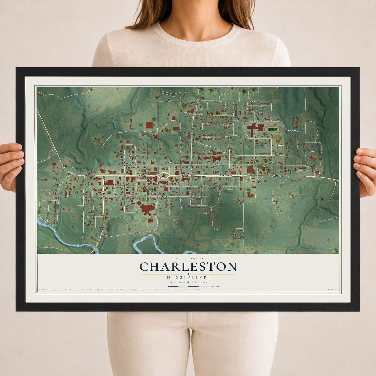 Map of Charleston, Mississippi, 18 x 24 inch print in a black wood frame