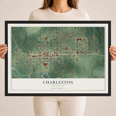 Map of Charleston, Mississippi, 18 x 24 inch print in a black wood frame